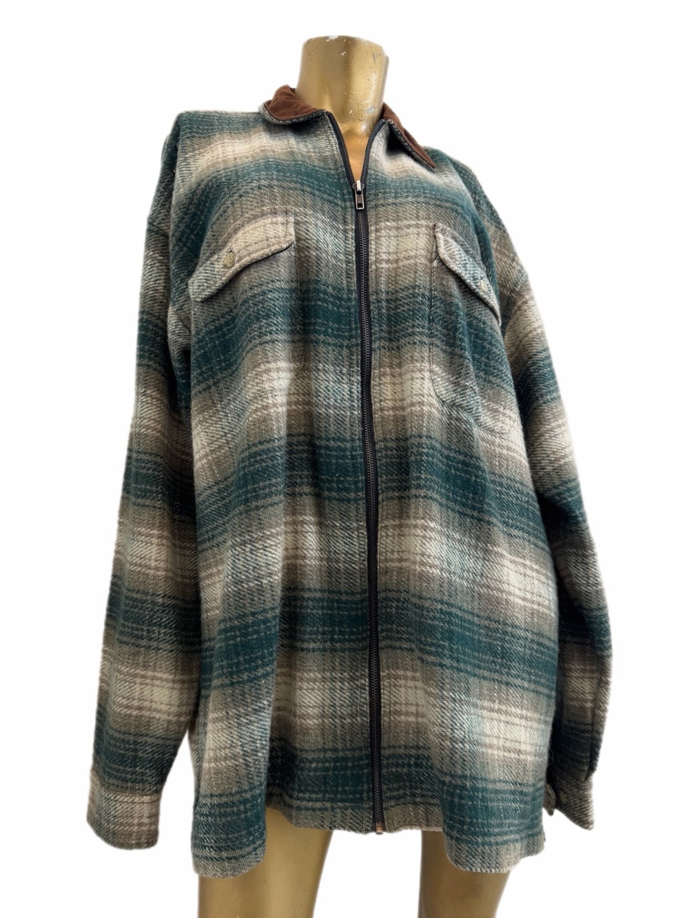 Vintage 90s Sierra Pacific Wool Plaid Zipper Jacket Men’s XL Leather Collar
